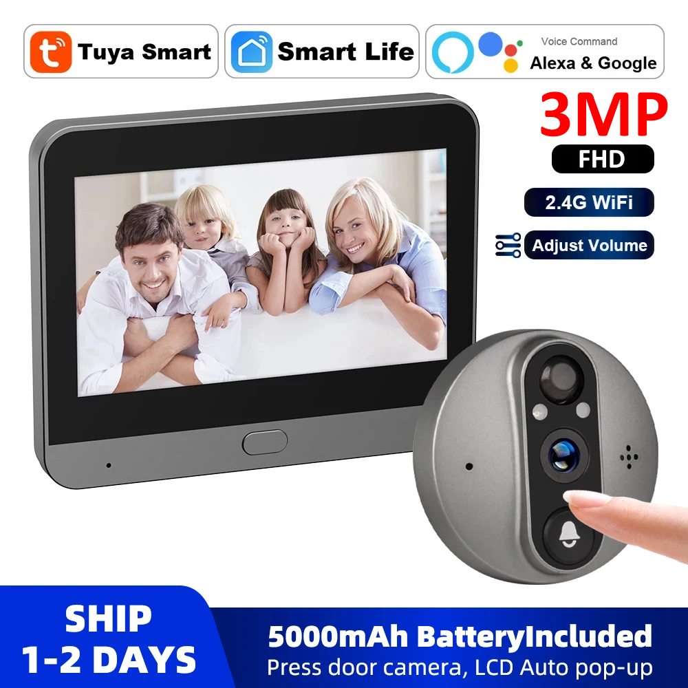Home Security Video Cameras - 3MP WiFi Smart Tuya Peephole 5000mAh